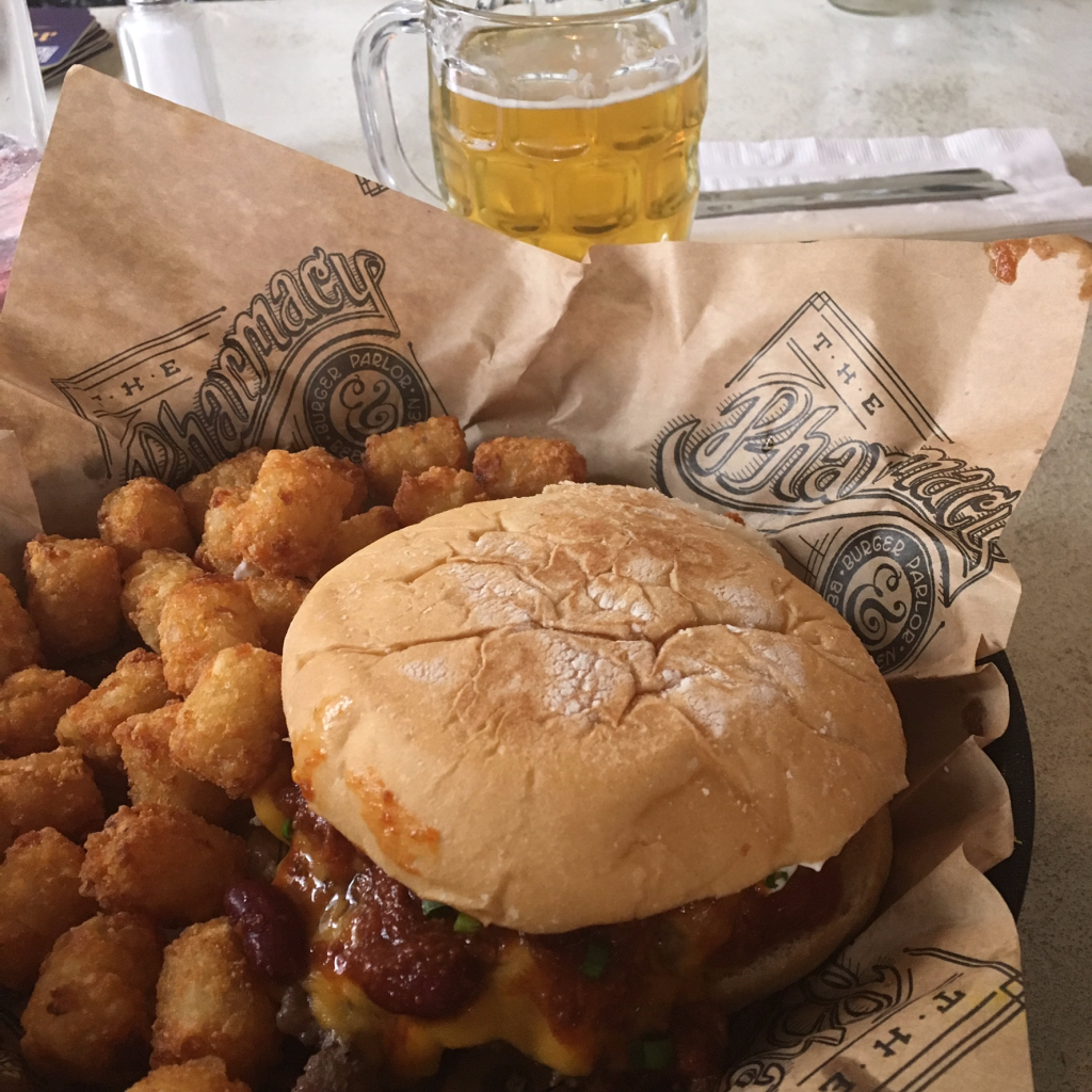 The Pharmacy Chili Cheese Burger and Pilsner