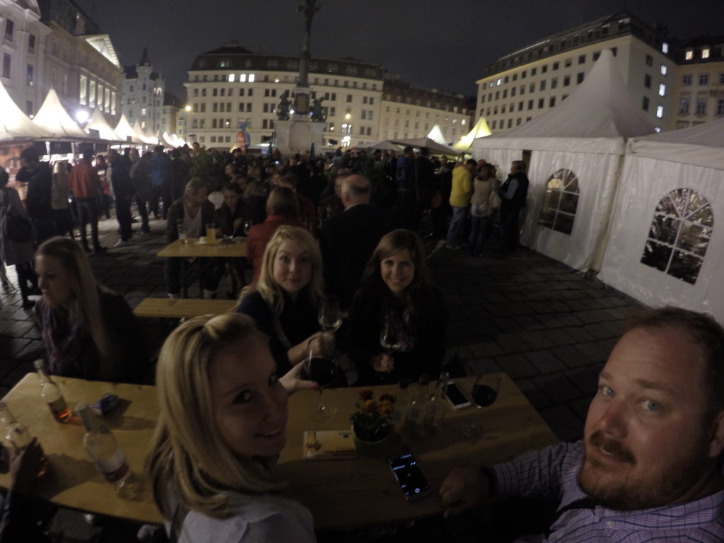 Us enjoying the Austrian Food and Wine Festival outside of our hotel Park Hyatt Vienna
